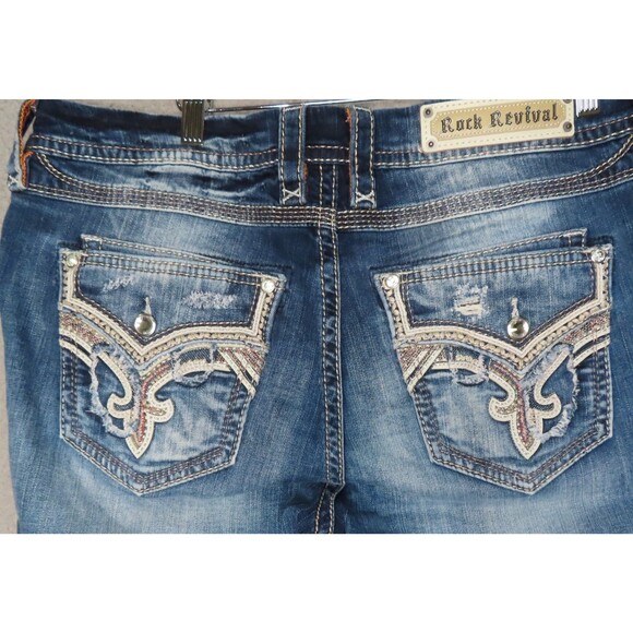 Rock Revival Jeans 34 Mertie Easy Straight Embroidered Flap Pockets Cuffed NEW - Picture 1 of 16